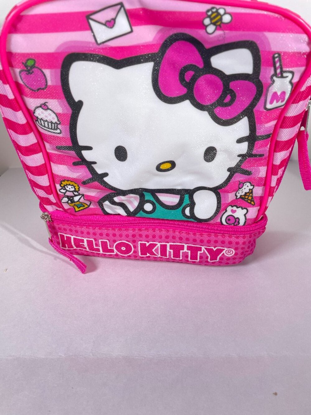 Hello Kitty Pink Striped Lunch Box Bag Dual Compartment Insulated Tote